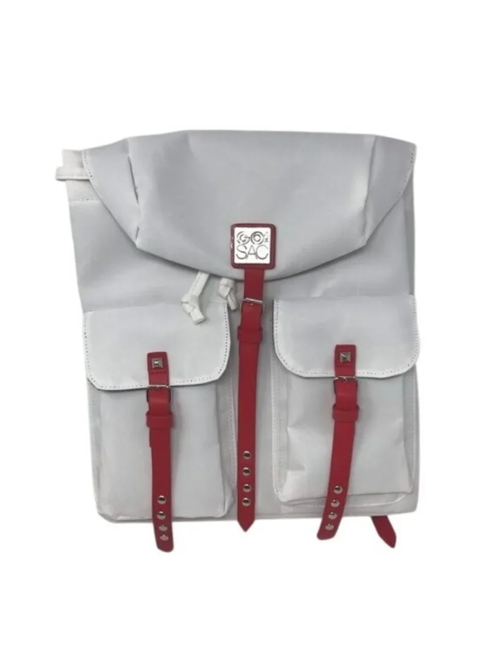 Go Sac White Red Nylon Drawstring Small Backpack Two Front Pockets